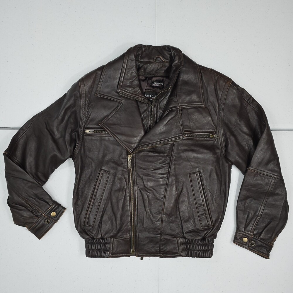 VINTAGE 90S WILSONS LEATHER MEN S BROWN MOTO BOMBER JACKET DOUBLE ZIP/LINING